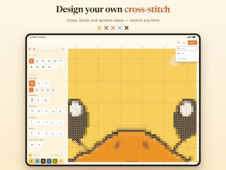 StitchDuck pattern editor on iPad showing stitches in cross view, with block and symbol views one tap away