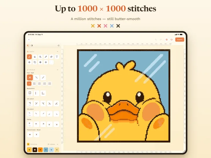 A 1000 × 1000 stitch cross-stitch chart open in StitchDuck on iPad