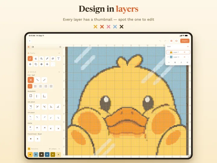 Layers panel in StitchDuck on iPad, each layer with its own thumbnail