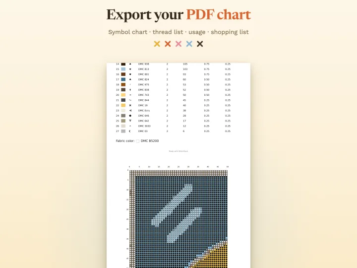 PDF chart exported from StitchDuck with a symbol chart, thread list, floss usage and shopping list