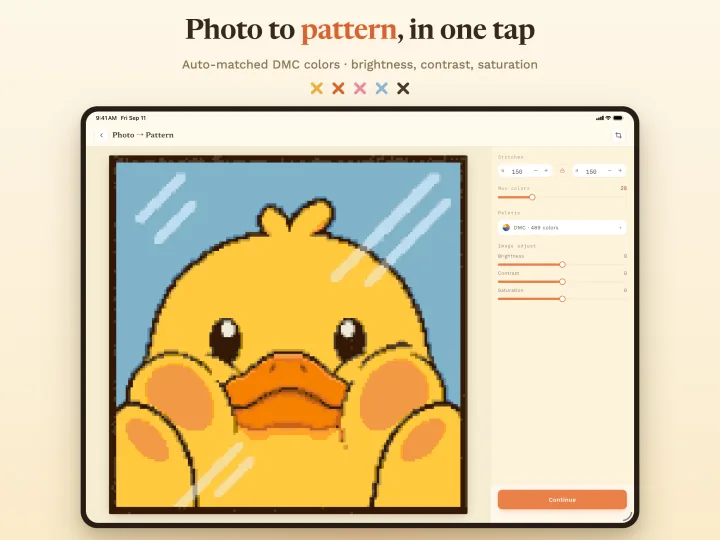 StitchDuck on iPad turning a photo of a duck into a cross-stitch pattern, with DMC colors and brightness, contrast and saturation controls
