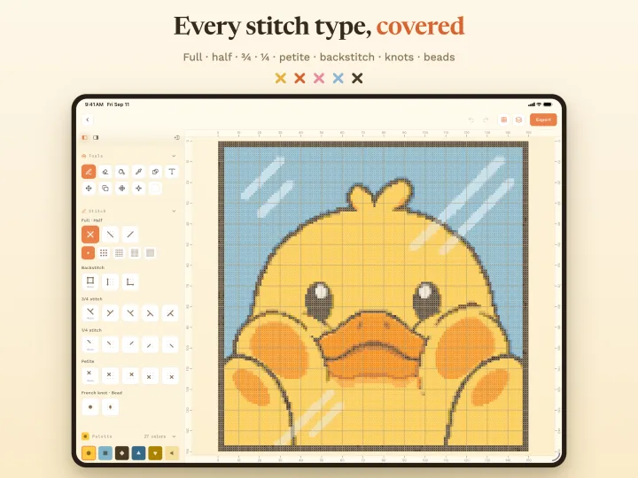 StitchDuck stitch tools on iPad: full, half, quarter, three-quarter and petite stitches, backstitch, French knots and beads